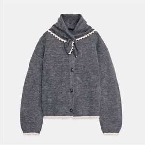 Zara Bandana Lace Cardigan | Size L Gray Women's Sweater with Lace NWT Sold Out